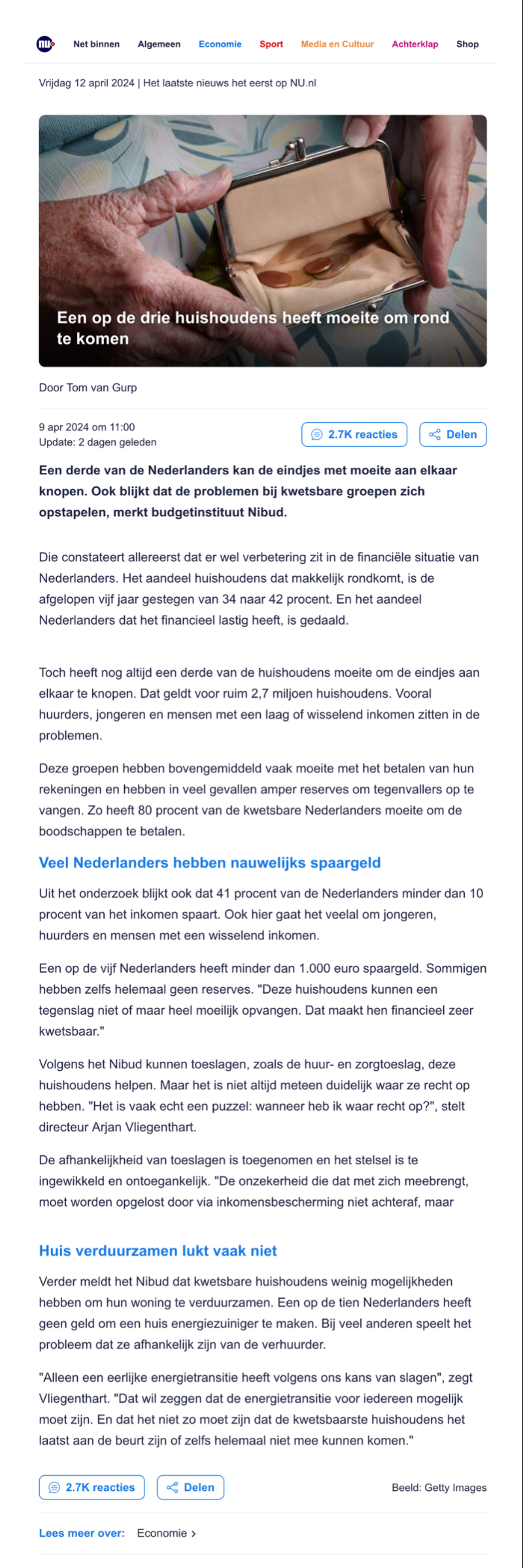 één derde huishoudens komen moeilijk rond